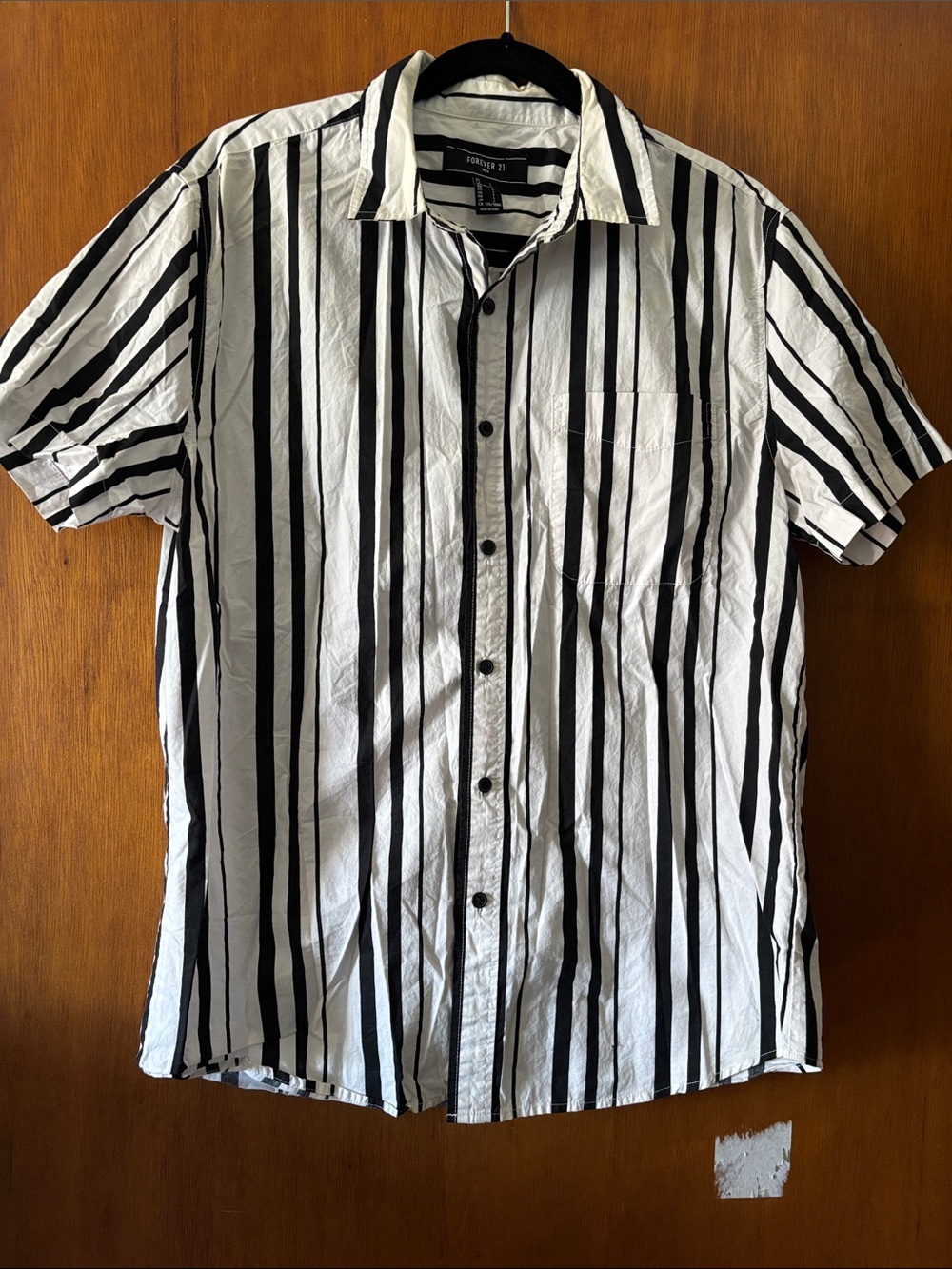 Forever 21 Black and White Vertical Stripe Short Sleeve Button-Up